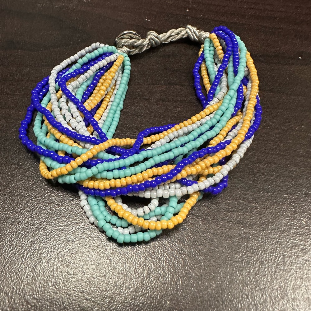 Rustic Cuff💙Vibrant Multistrand Beaded Necklace in Blue, Yellow, and White